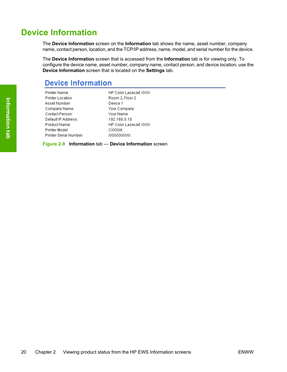 Device information, Figure 2-9, Information tab — device information screen | HP 3800 Series User Manual | Page 30 / 74