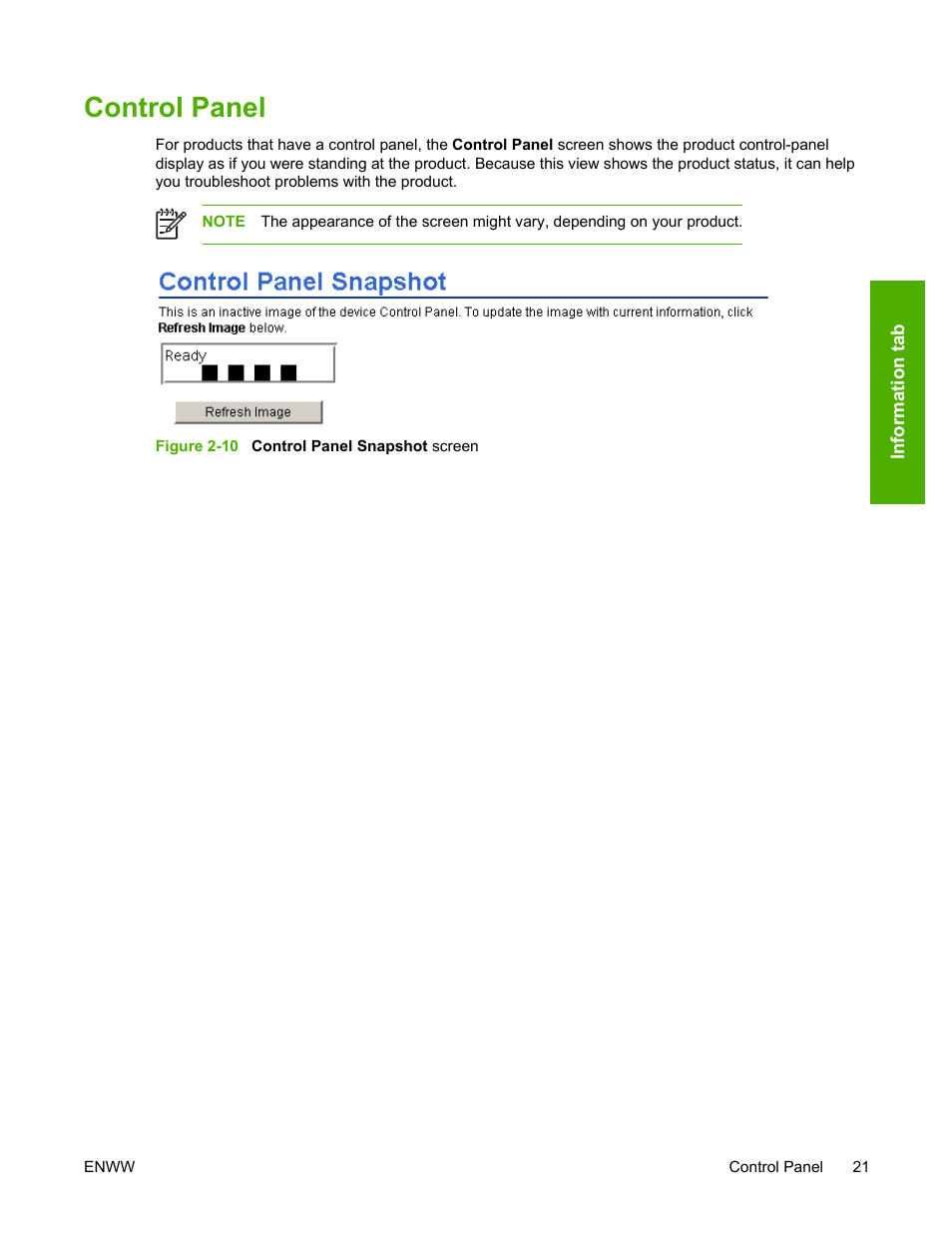 Control panel, Figure 2-10, Control panel snapshot screen | HP 3800 Series User Manual | Page 31 / 74