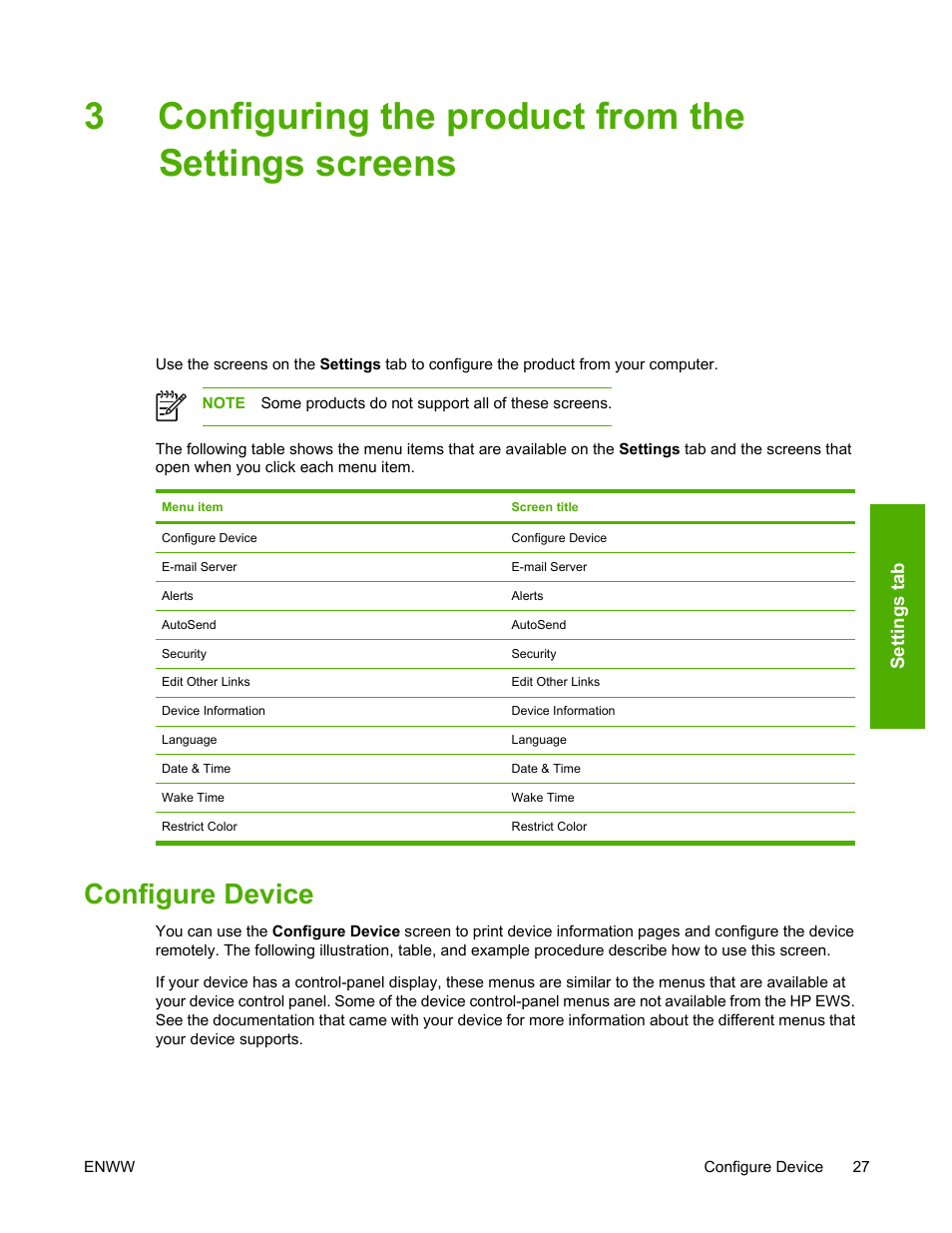 Configuring the product from the settings screens, Configure device, Configuring the product from the | Settings screens, 3configuring the product from the settings screens | HP 3800 Series User Manual | Page 37 / 74