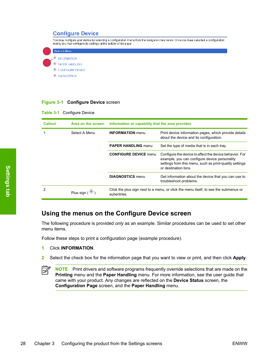 Using the menus on the configure device screen, Table 3-1, Configure device | Figure 3-1, Configure device screen, Sett ings t ab | HP 3800 Series User Manual | Page 38 / 74