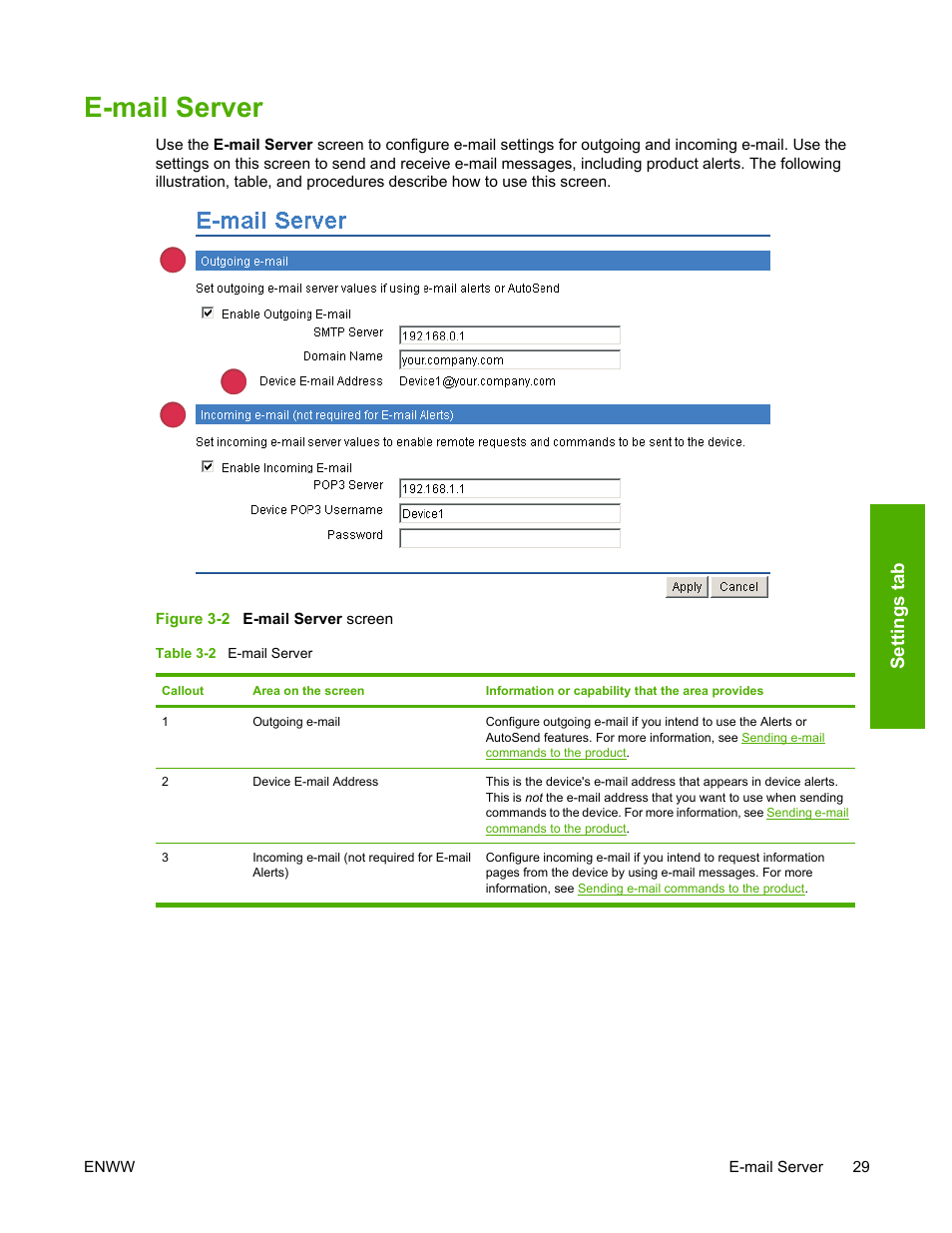 E-mail server, Table 3-2, Figure 3-2 | E-mail server screen, Sett ings t ab | HP 3800 Series User Manual | Page 39 / 74