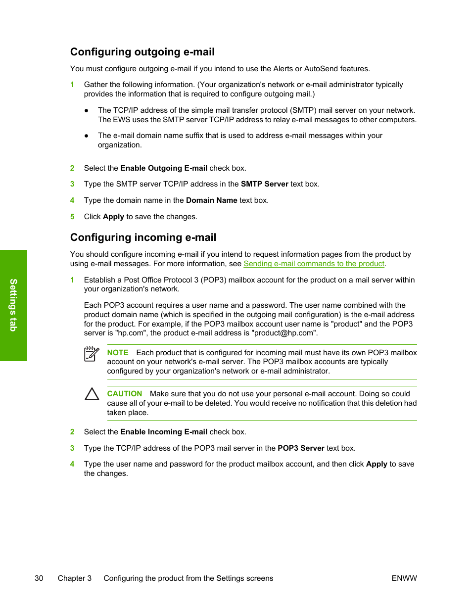 Configuring outgoing e-mail, Configuring incoming e-mail | HP 3800 Series User Manual | Page 40 / 74