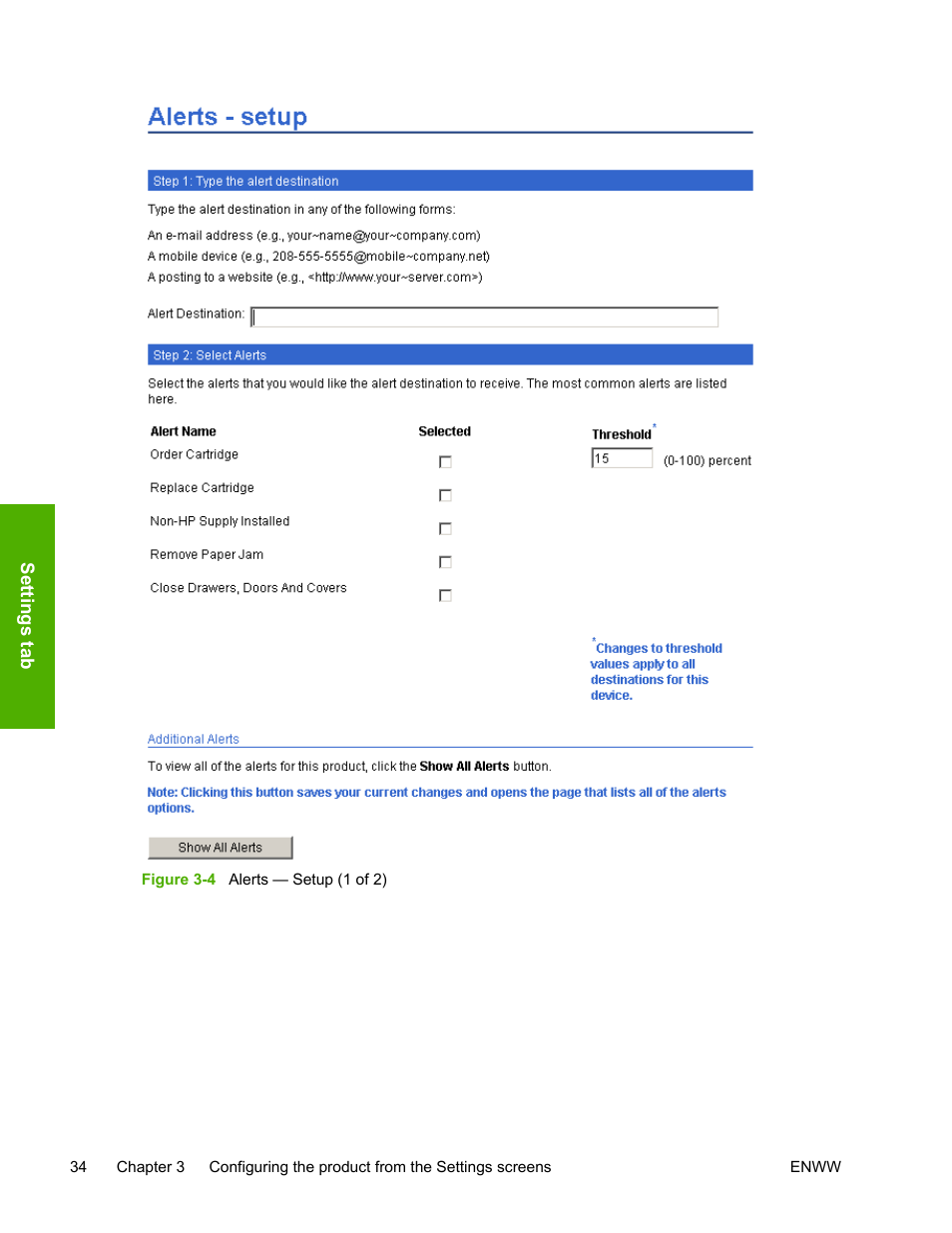 Figure 3-4, Alerts — setup (1 of 2) | HP 3800 Series User Manual | Page 44 / 74