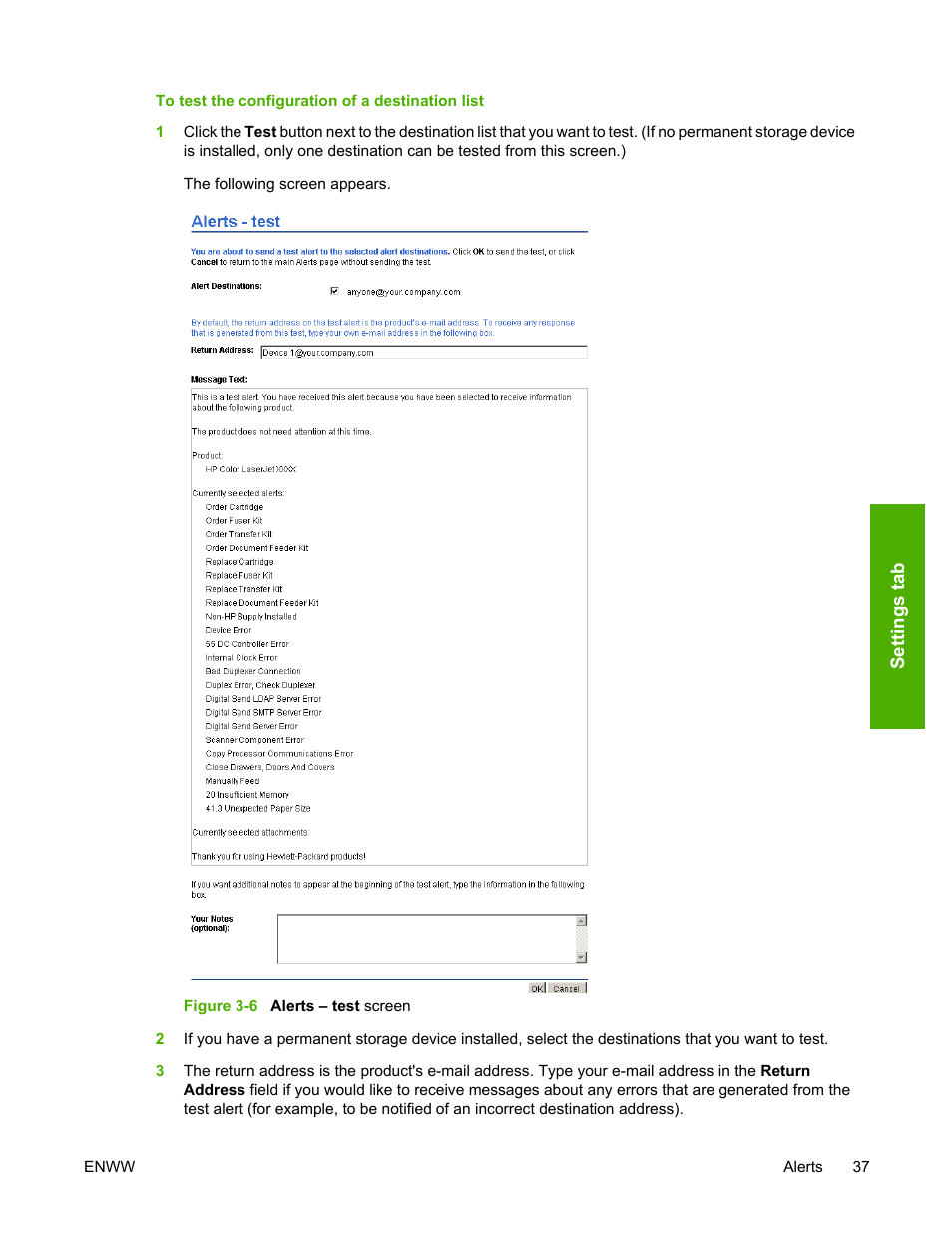 Figure 3-6, Alerts – test screen | HP 3800 Series User Manual | Page 47 / 74