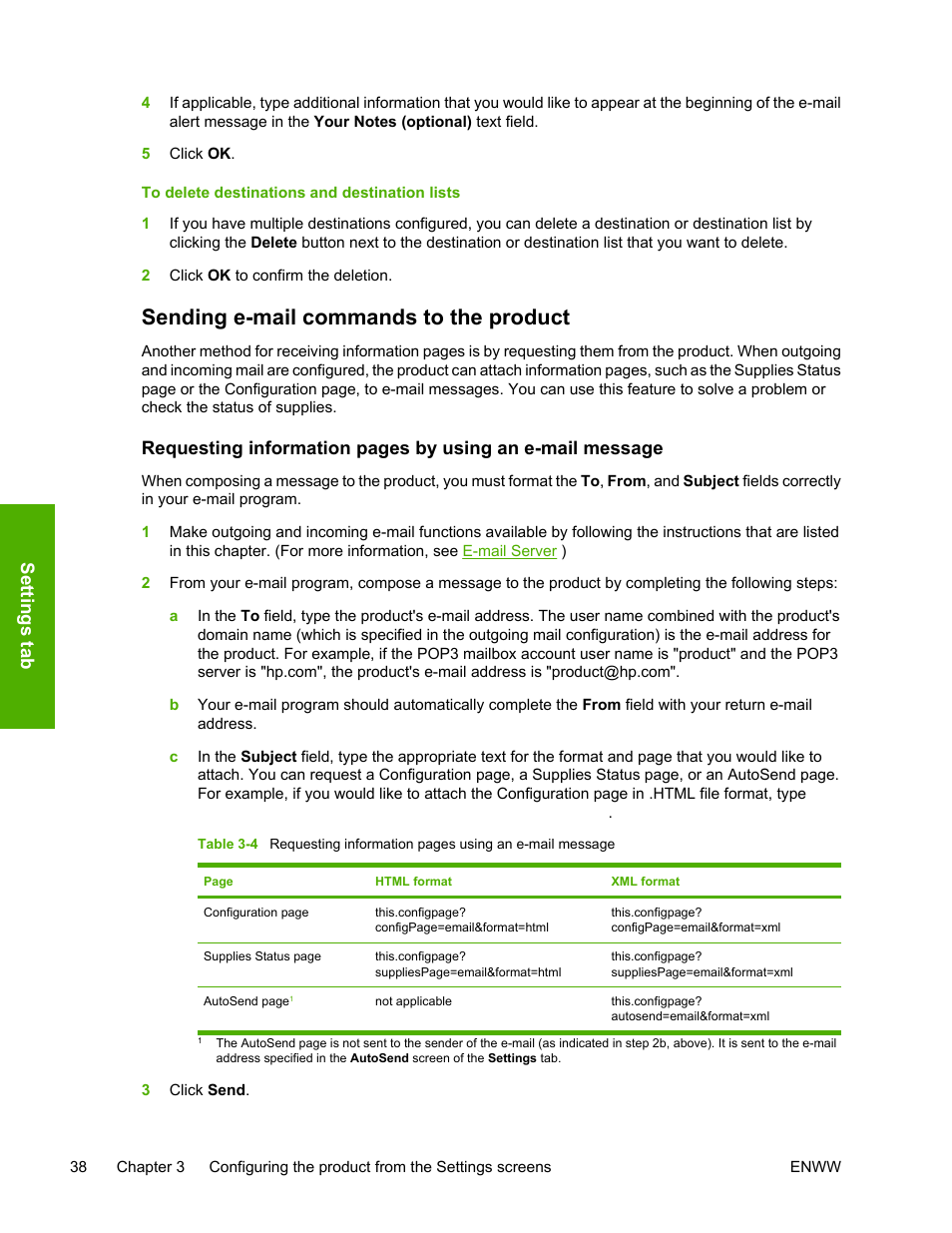 Sending e-mail commands to the product, Table 3-4, Sending e-mail | Commands to the product, Sett ings t ab | HP 3800 Series User Manual | Page 48 / 74