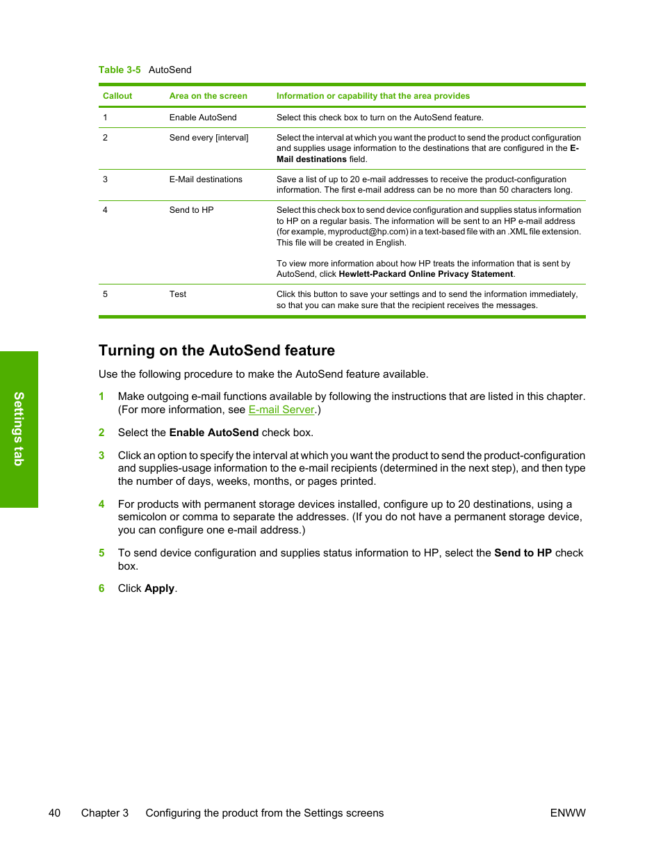 Turning on the autosend feature, Table 3-5, Autosend | Sett ings t ab | HP 3800 Series User Manual | Page 50 / 74