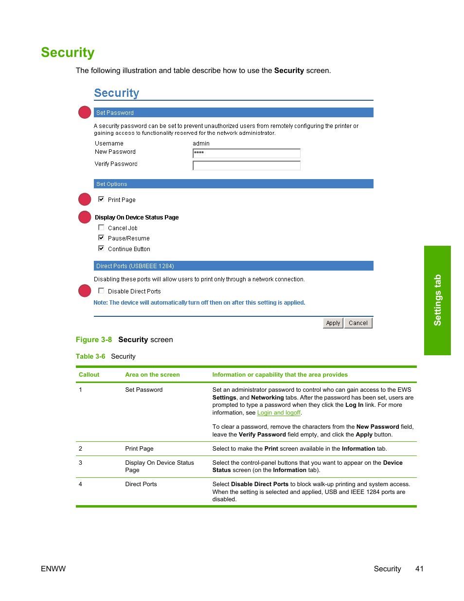 Security, Table 3-6, Figure 3-8 | Security screen | HP 3800 Series User Manual | Page 51 / 74