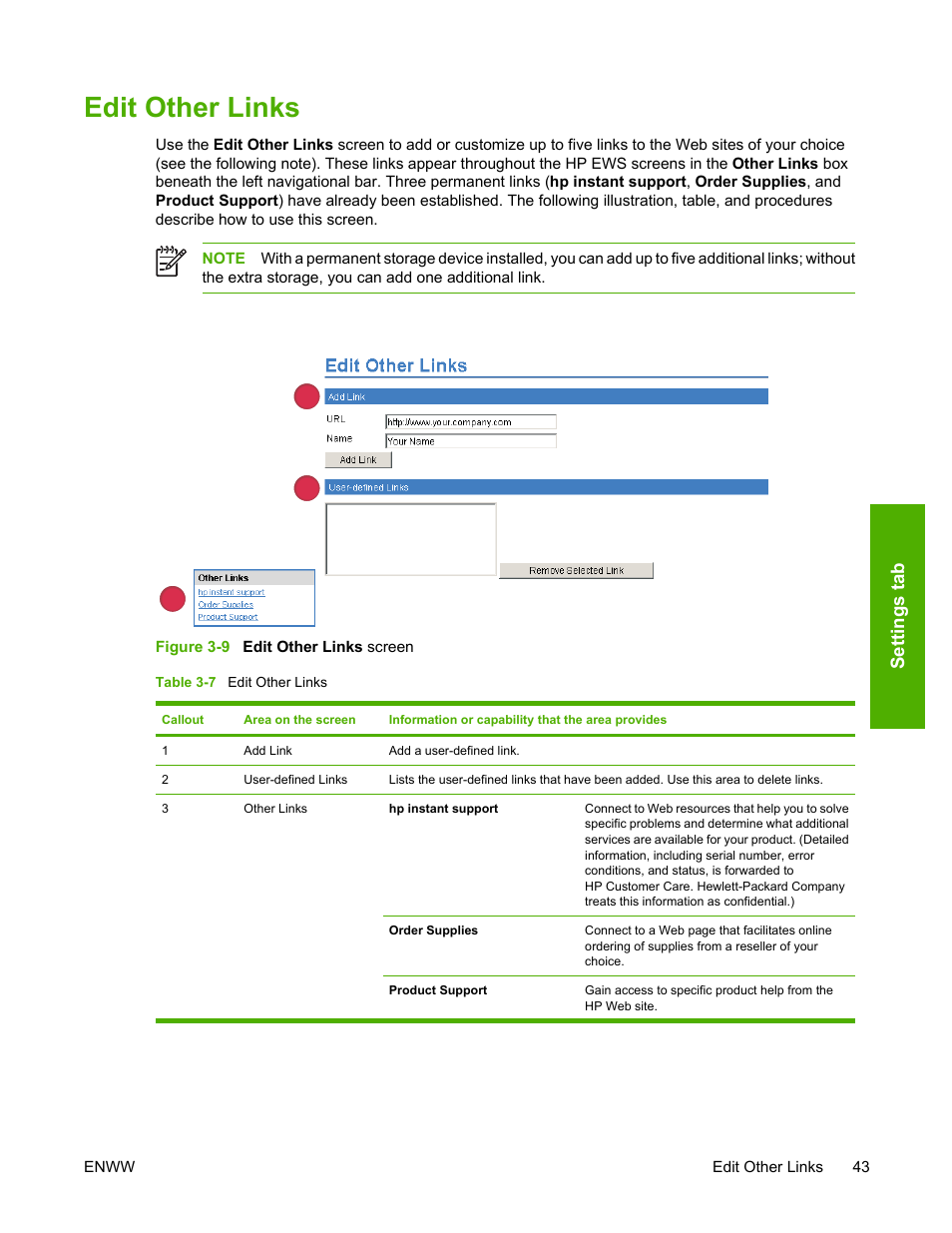 Edit other links, Table 3-7, Figure 3-9 | Edit other links screen, Sett ings t ab | HP 3800 Series User Manual | Page 53 / 74