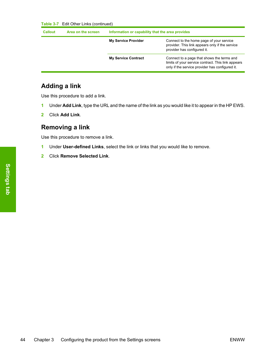 Adding a link, Removing a link, Adding a link removing a link | HP 3800 Series User Manual | Page 54 / 74