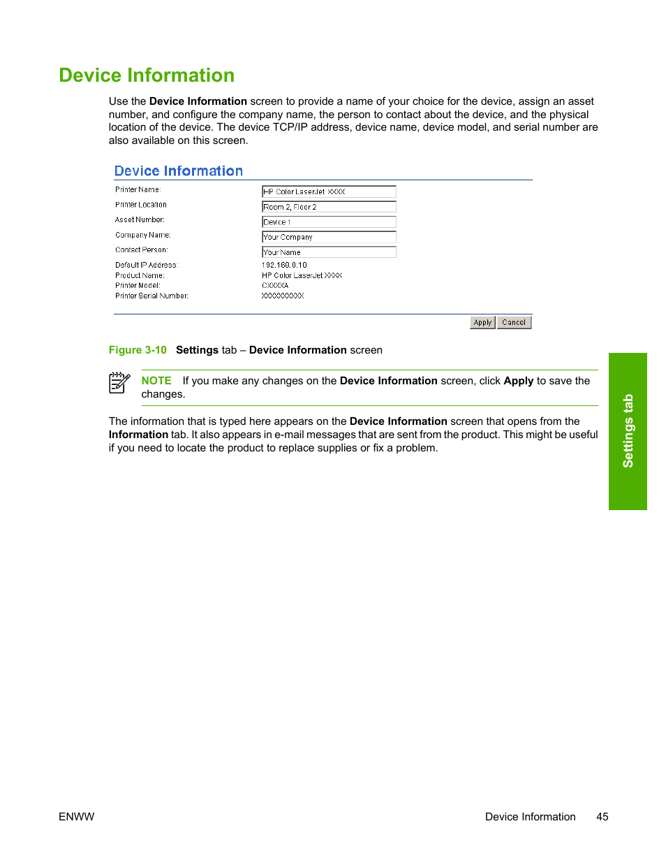 Device information, Figure 3-10, Settings tab – device information screen | HP 3800 Series User Manual | Page 55 / 74