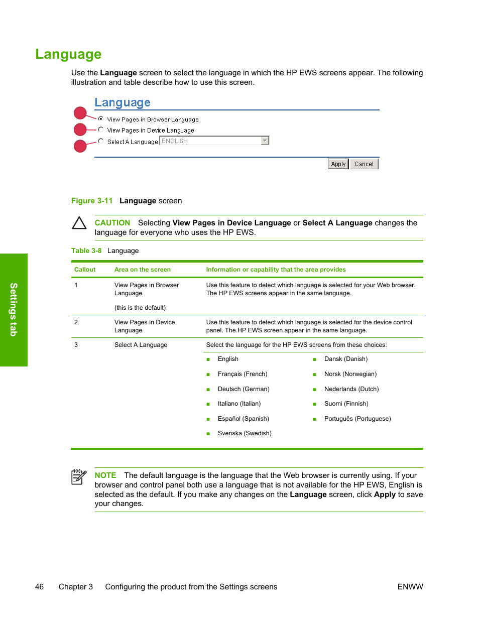 Language, Table 3-8, Figure 3-11 | Language screen, Sett ings t ab | HP 3800 Series User Manual | Page 56 / 74