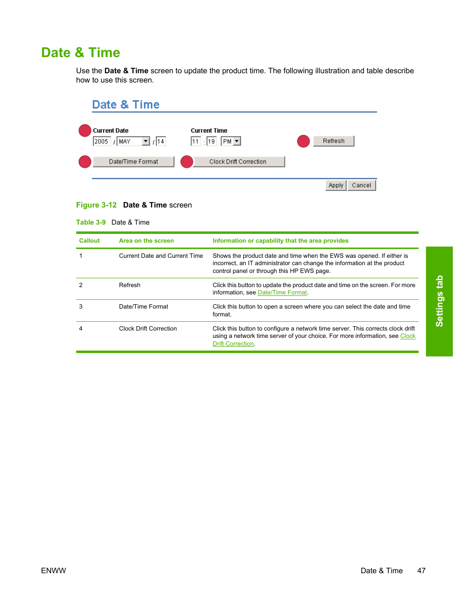 Date & time, Table 3-9, Figure 3-12 | Date & time screen, Sett ings t ab | HP 3800 Series User Manual | Page 57 / 74