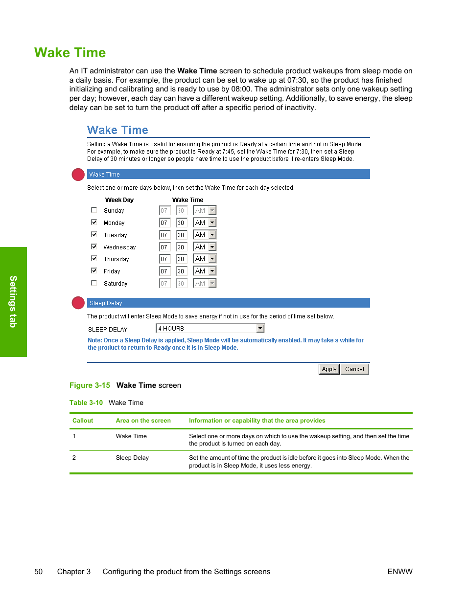 Wake time, Table 3-10, Figure 3-15 | Wake time screen | HP 3800 Series User Manual | Page 60 / 74