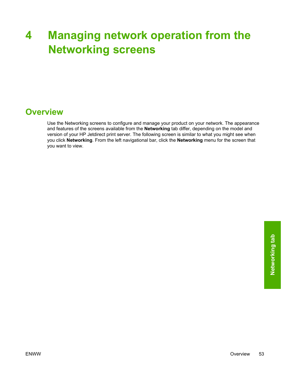 Overview, Managing network operation from, The networking screens | Managing network operation, From the networking screens | HP 3800 Series User Manual | Page 63 / 74