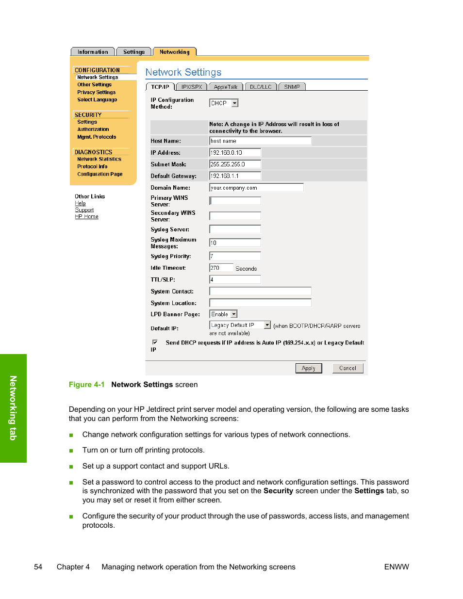 Figure 4-1, Network settings screen | HP 3800 Series User Manual | Page 64 / 74