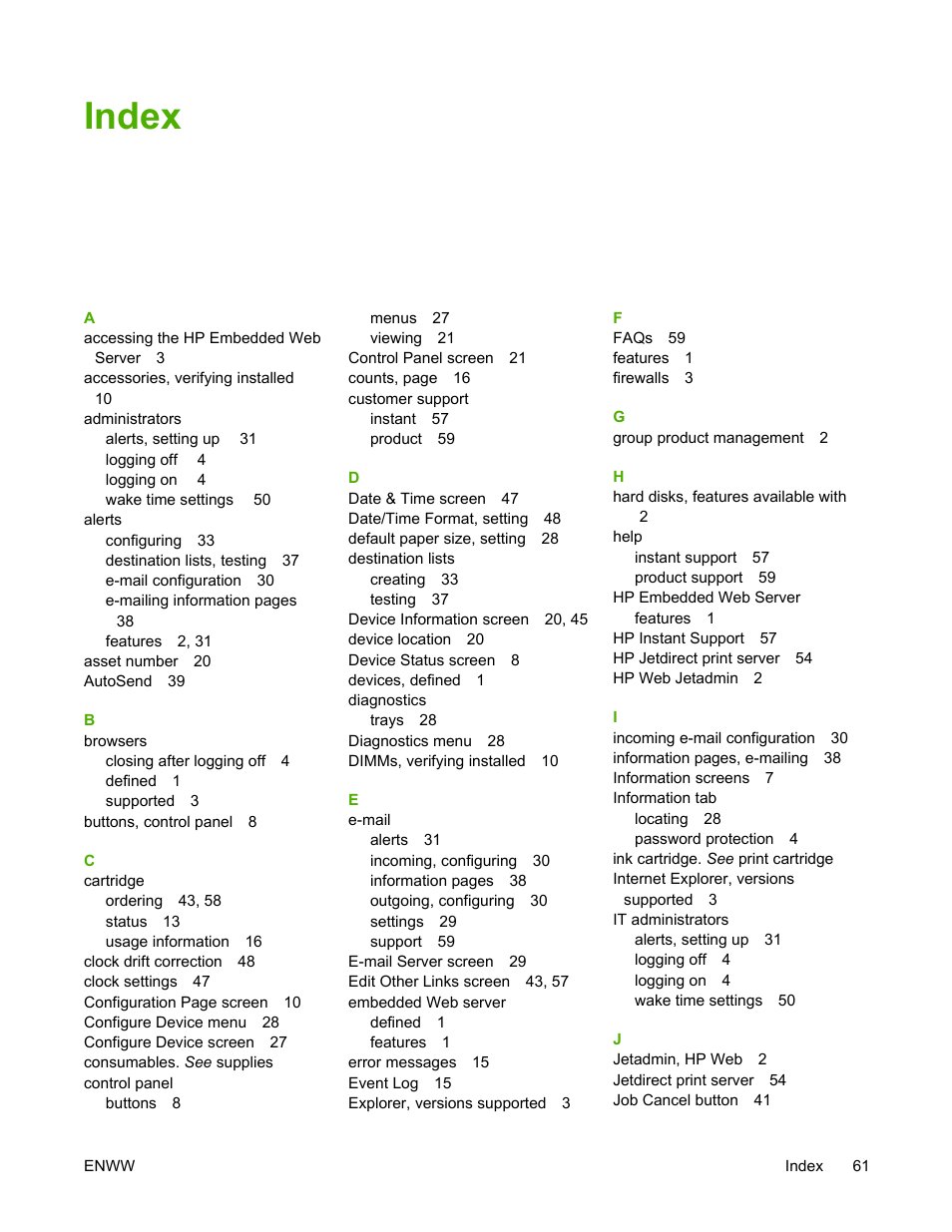 Index | HP 3800 Series User Manual | Page 71 / 74