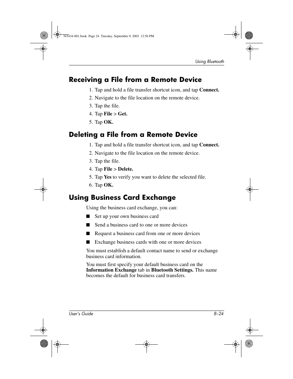 Receiving a file from a remote device, Deleting a file from a remote device, Using business card exchange | HP h4000 Series User Manual | Page 100 / 143