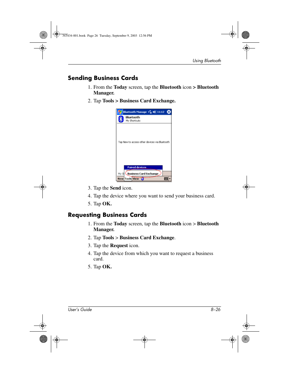 Sending business cards, Requesting business cards | HP h4000 Series User Manual | Page 102 / 143