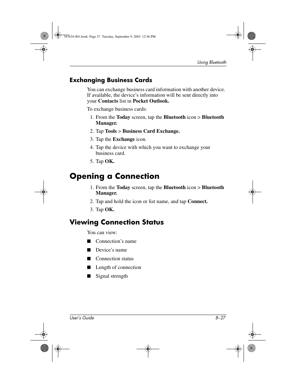 Exchanging business cards, Opening a connection, Viewing connection status | Opening a connection –27, Viewing connection status –27 | HP h4000 Series User Manual | Page 103 / 143