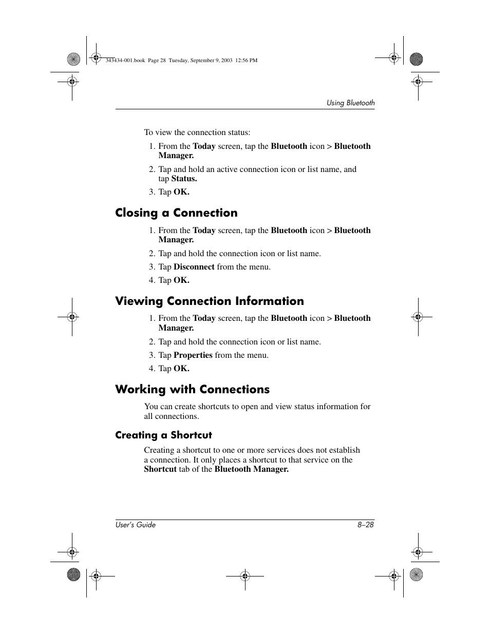 Closing a connection, Viewing connection information, Working with connections | Creating a shortcut | HP h4000 Series User Manual | Page 104 / 143