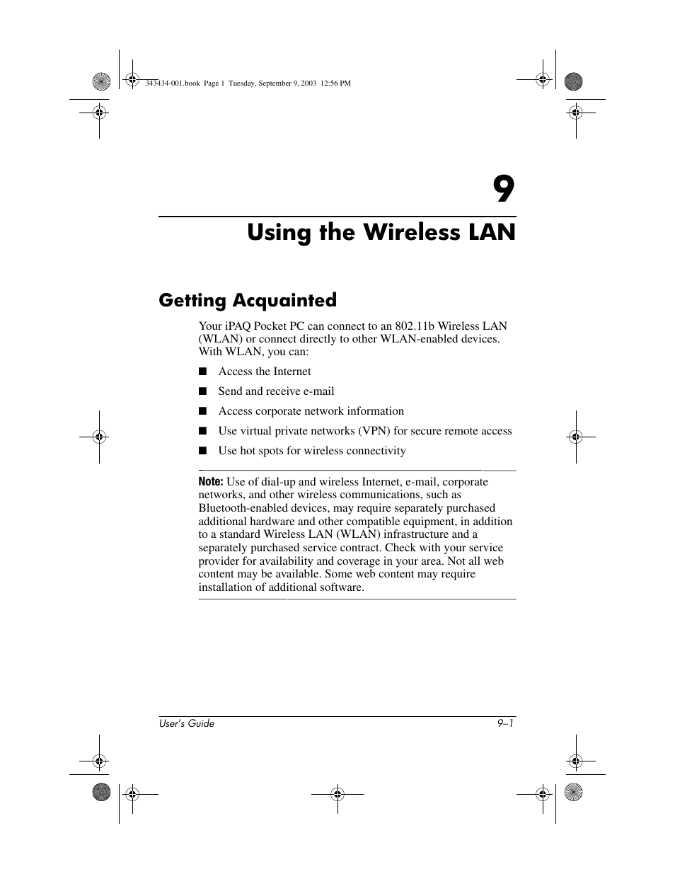Using the wireless lan, Getting acquainted, 9 using the wireless lan | Getting acquainted –1 | HP h4000 Series User Manual | Page 106 / 143