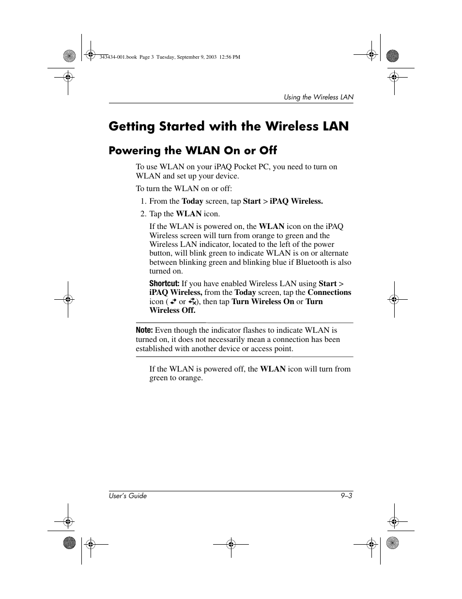 Getting started with the wireless lan, Powering the wlan on or off, Getting started with the wireless lan –3 | Powering the wlan on or off –3 | HP h4000 Series User Manual | Page 108 / 143