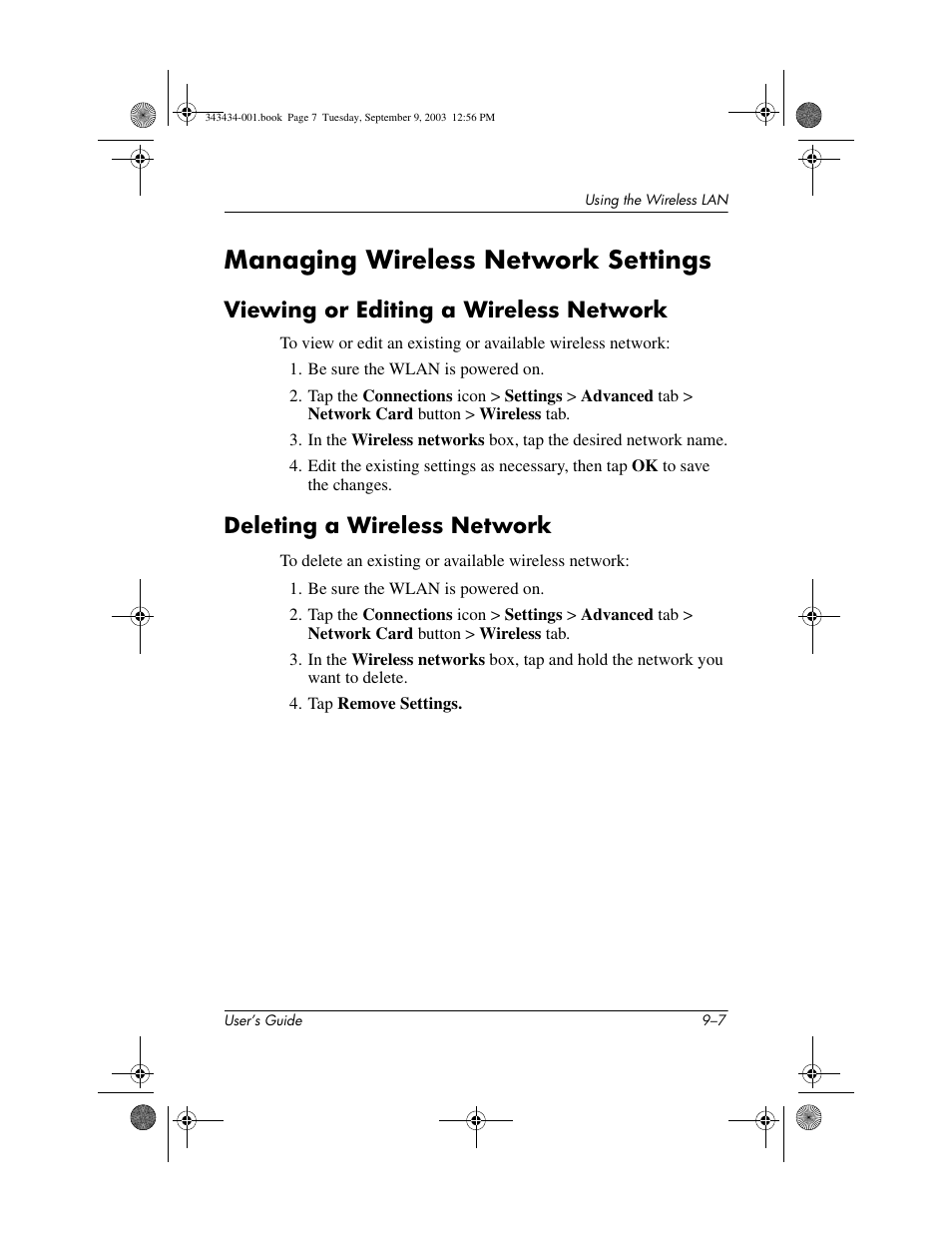 Managing wireless network settings, Viewing or editing a wireless network, Deleting a wireless network | Managing wireless network settings –7 | HP h4000 Series User Manual | Page 112 / 143