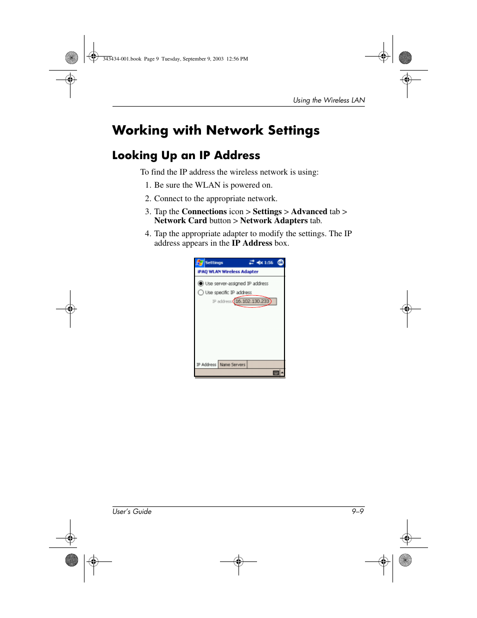 Working with network settings, Looking up an ip address, Working with network settings –9 | Looking up an ip address –9 | HP h4000 Series User Manual | Page 114 / 143