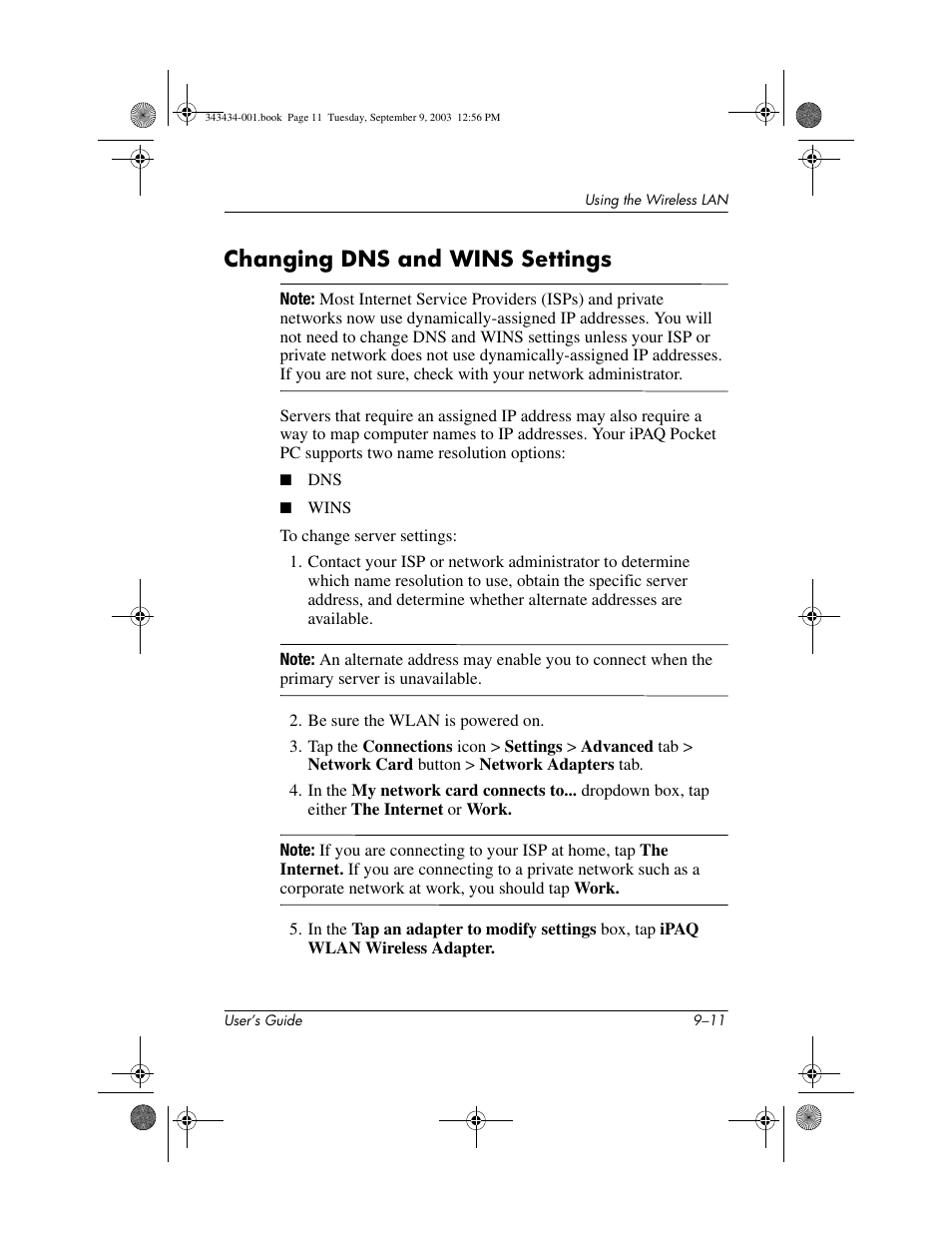 Changing dns and wins settings, Changing dns and wins settings –11 | HP h4000 Series User Manual | Page 116 / 143