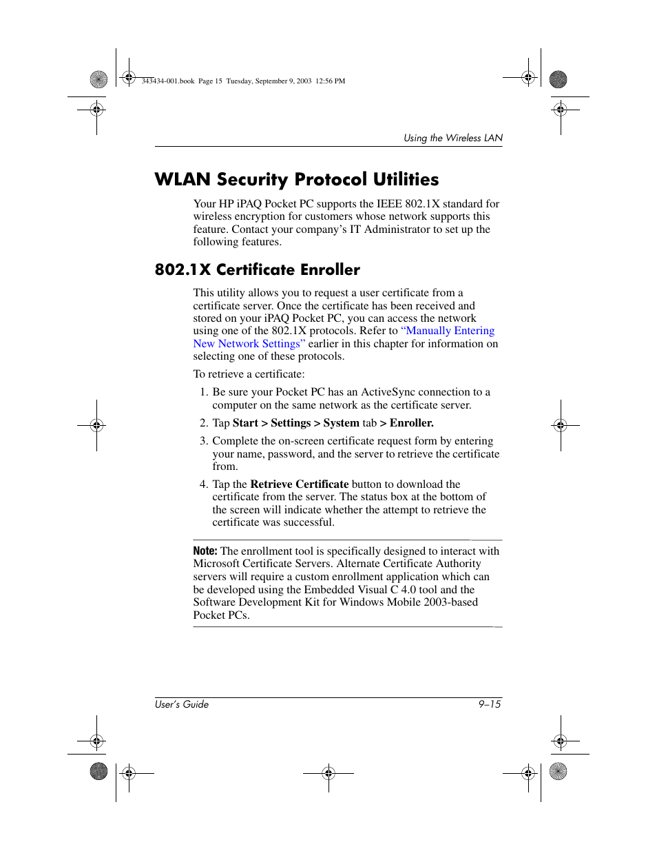 Wlan security protocol utilities, 1x certificate enroller, Wlan security protocol utilities –15 | 1x certificate enroller –15 | HP h4000 Series User Manual | Page 120 / 143