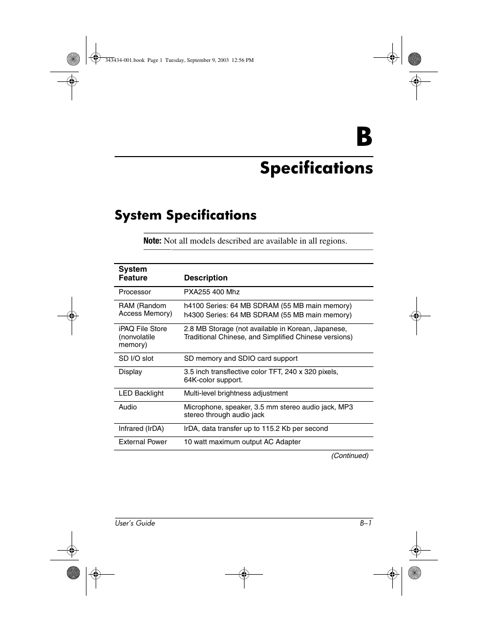 Specifications, System specifications, B specifications | HP h4000 Series User Manual | Page 141 / 143