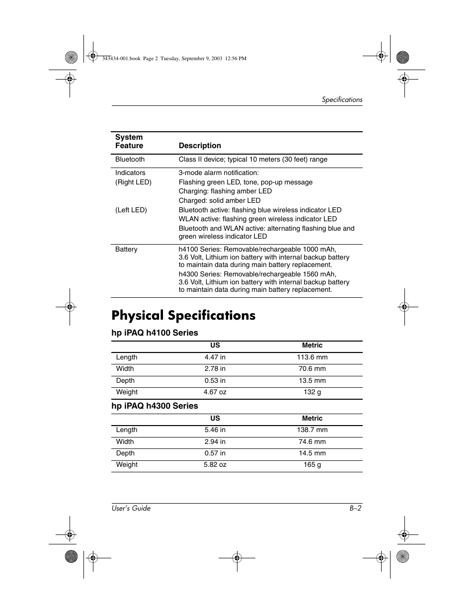 Physical specifications | HP h4000 Series User Manual | Page 142 / 143