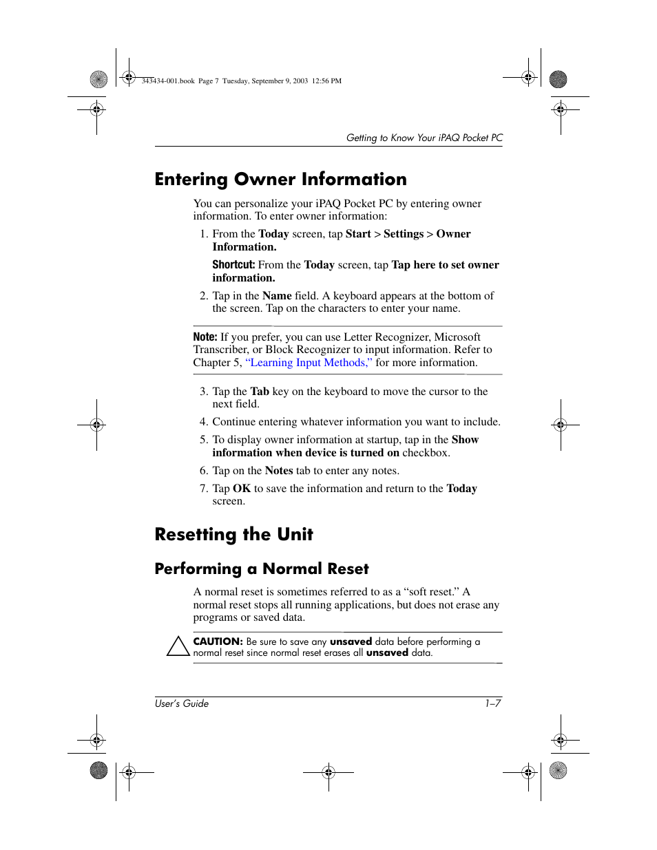 Entering owner information, Resetting the unit, Performing a normal reset | Performing a normal reset –7 | HP h4000 Series User Manual | Page 15 / 143