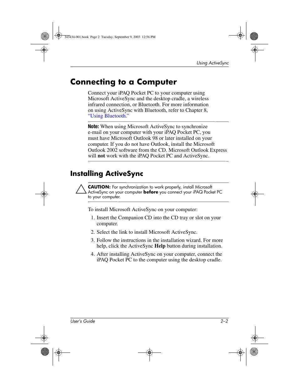 Connecting to a computer, Installing activesync, Connecting to a computer –2 | Installing activesync –2 | HP h4000 Series User Manual | Page 20 / 143