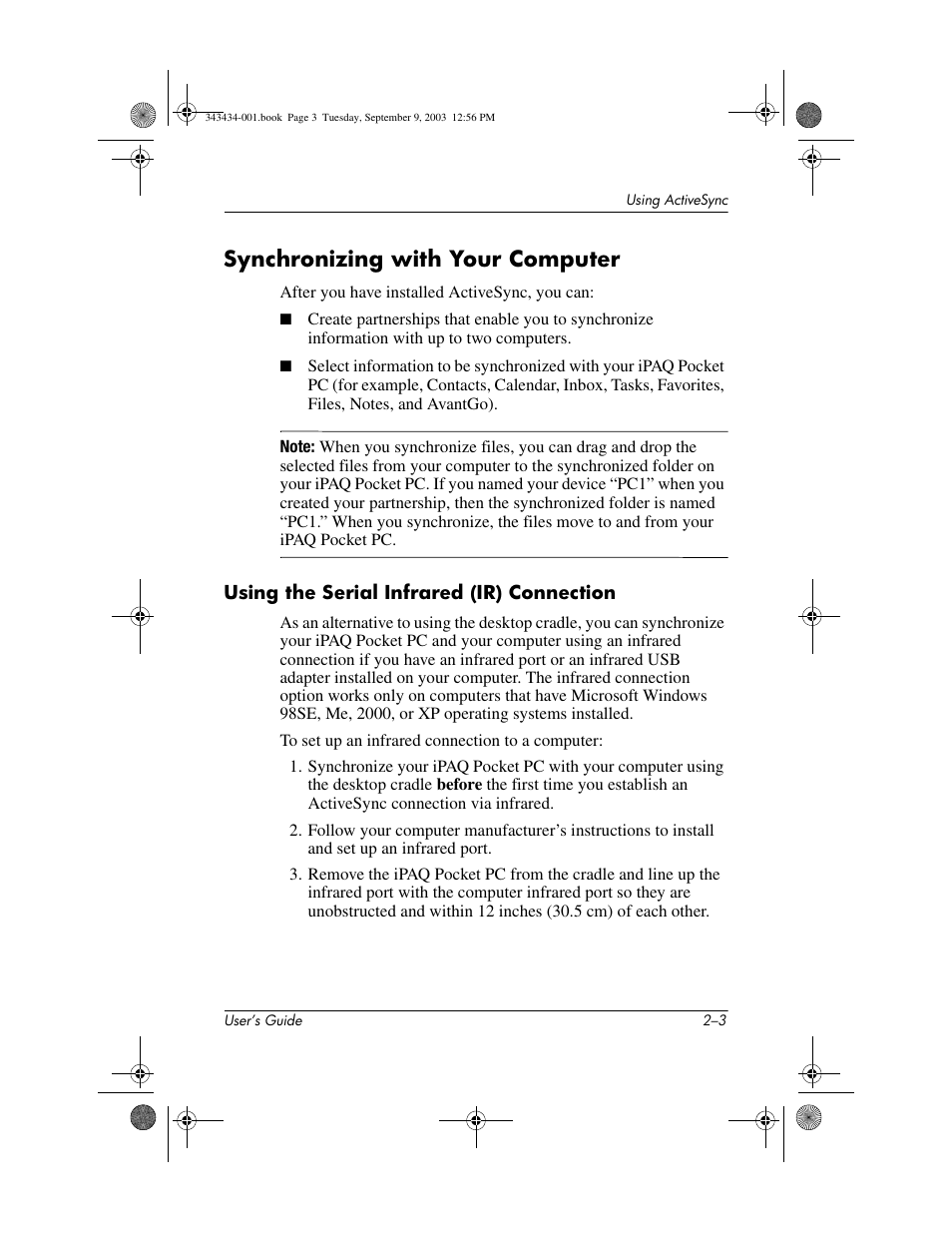 Synchronizing with your computer, Using the serial infrared (ir) connection, Synchronizing with your computer –3 | HP h4000 Series User Manual | Page 21 / 143