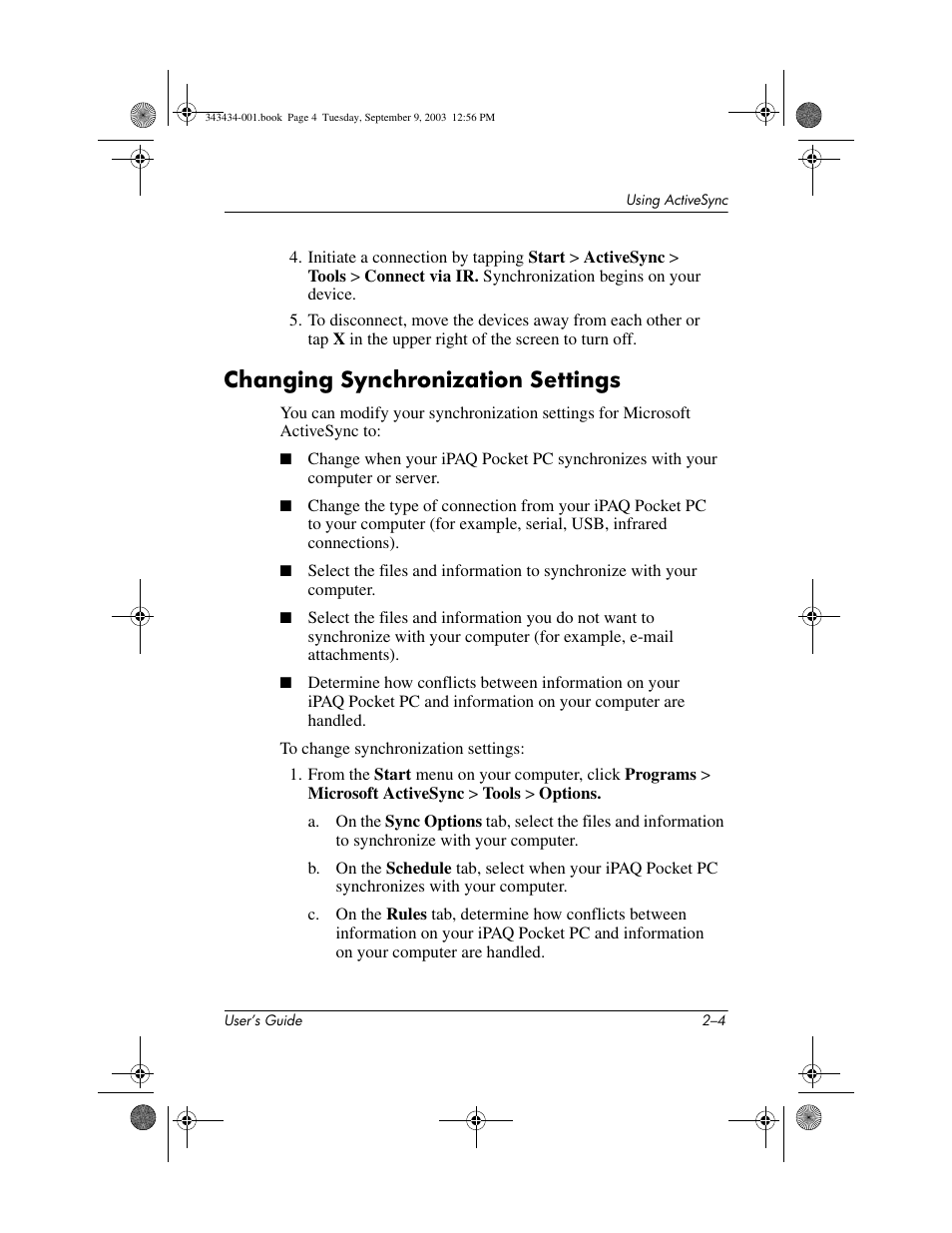 Changing synchronization settings, Changing synchronization settings –4 | HP h4000 Series User Manual | Page 22 / 143