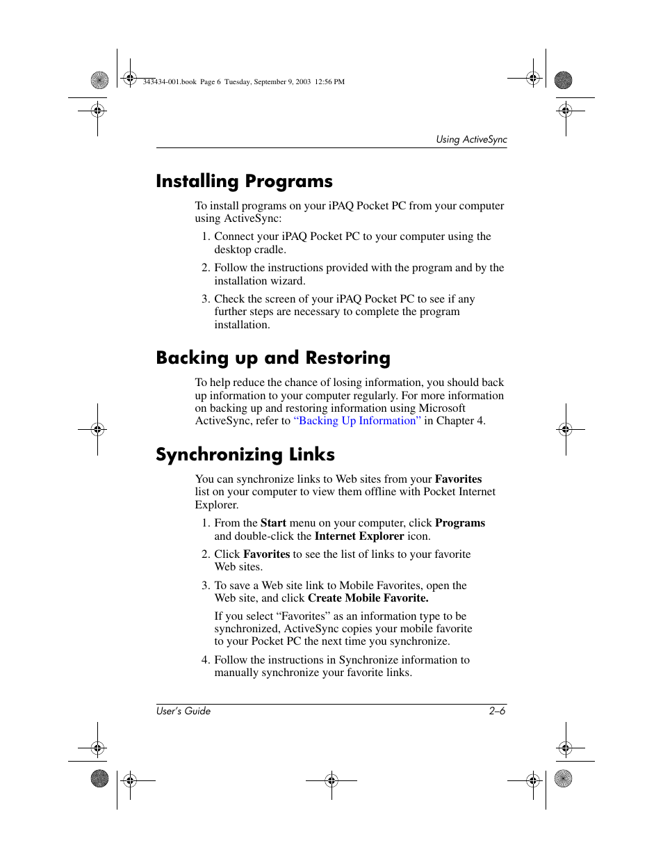 Installing programs, Backing up and restoring, Synchronizing links | HP h4000 Series User Manual | Page 24 / 143