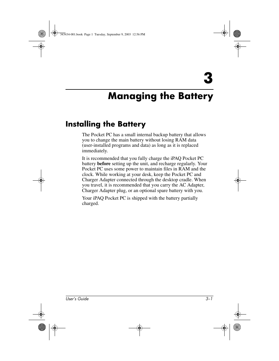 Managing the battery, Installing the battery, 3 managing the battery | Installing the battery –1 | HP h4000 Series User Manual | Page 26 / 143