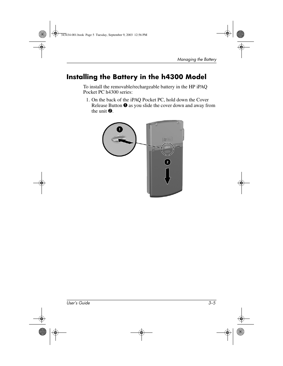 Installing the battery in the h4300 model, Installing the battery in the h4300 model –5 | HP h4000 Series User Manual | Page 30 / 143