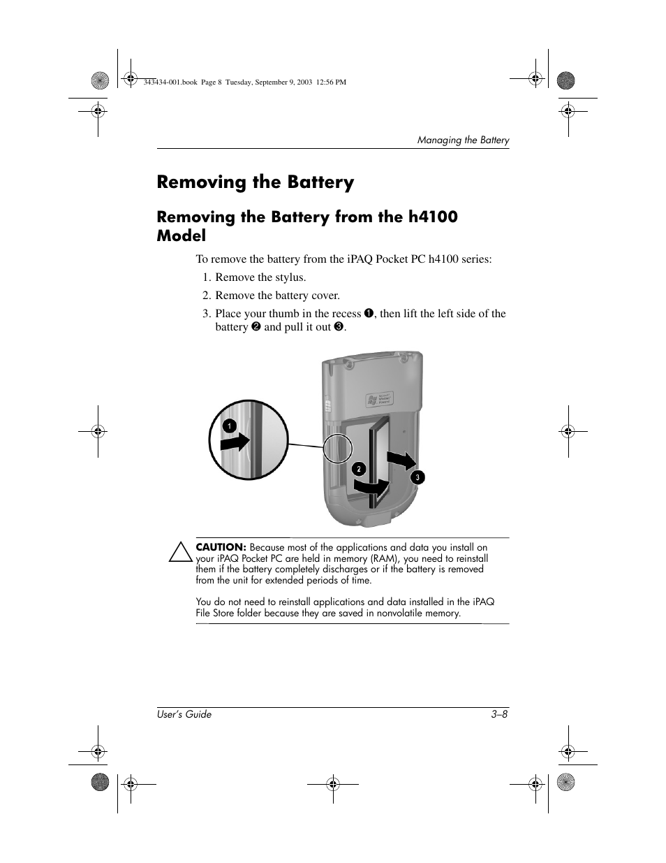 Removing the battery, Removing the battery from the h4100 model, Removing the battery –8 | Removing the battery from the h4100 model –8 | HP h4000 Series User Manual | Page 33 / 143