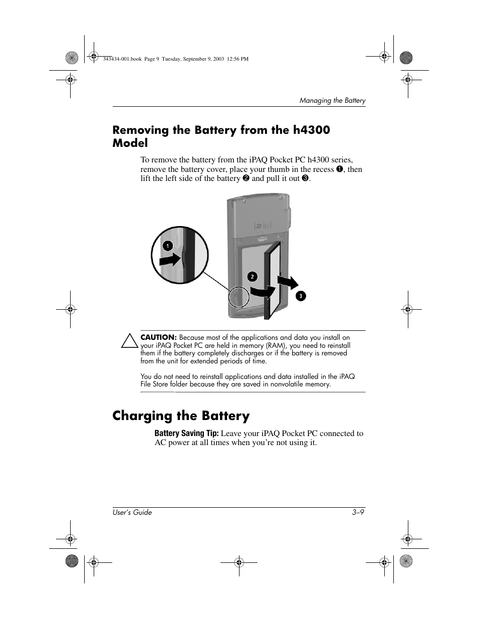 Removing the battery from the h4300 model, Charging the battery, Removing the battery from the h4300 model –9 | Charging the battery –9 | HP h4000 Series User Manual | Page 34 / 143