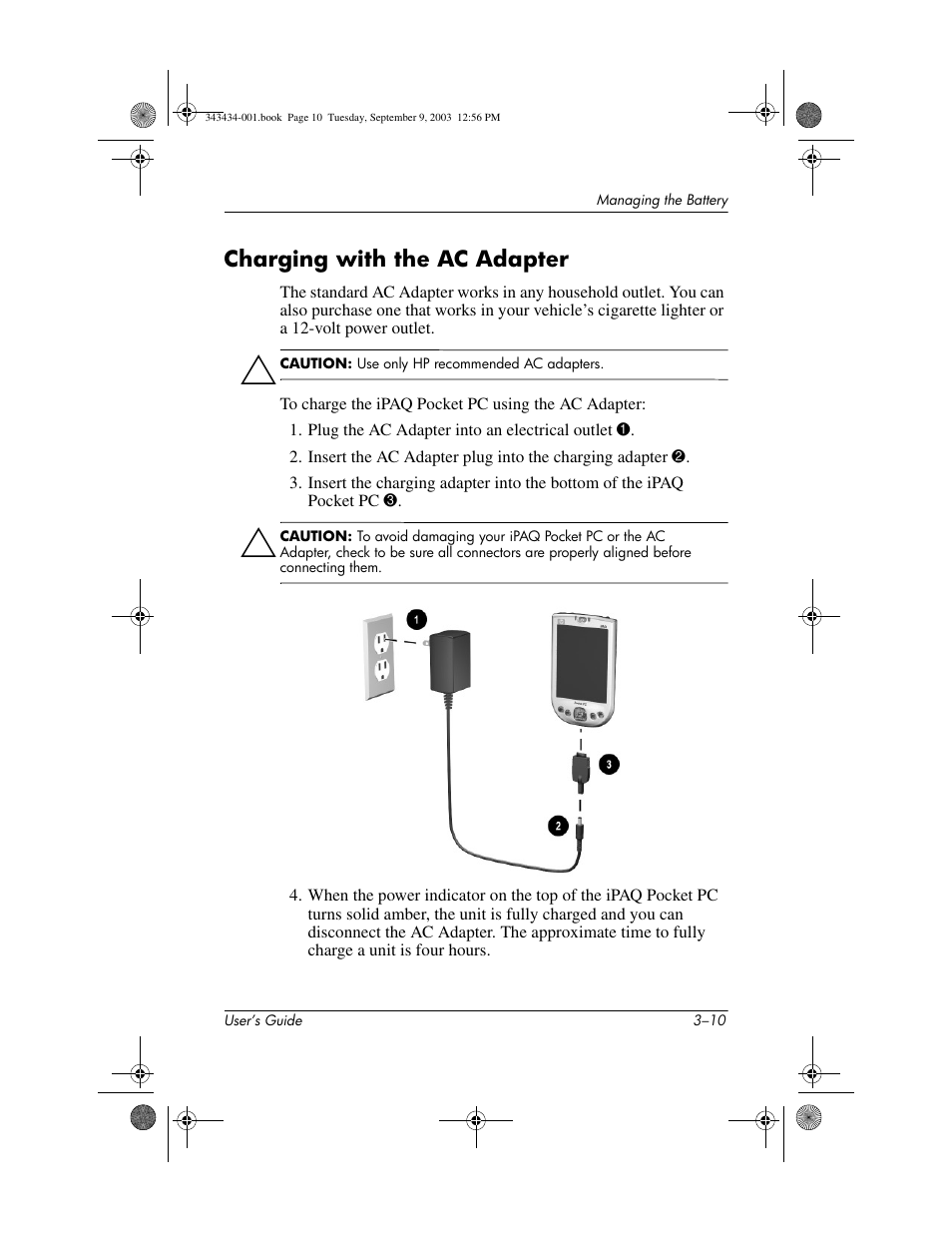 Charging with the ac adapter, Charging with the ac adapter –10 | HP h4000 Series User Manual | Page 35 / 143