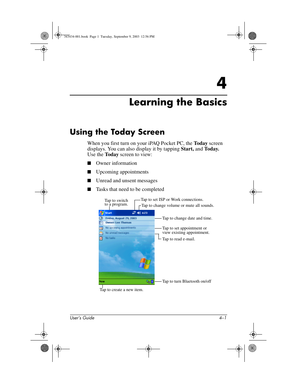 Learning the basics, Using the today screen, 4 learning the basics | Using the today screen –1 | HP h4000 Series User Manual | Page 41 / 143