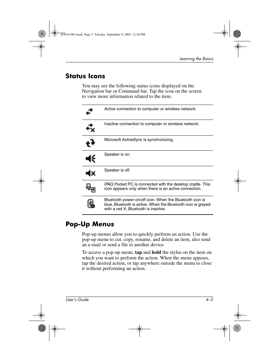 Status icons, Pop-up menus, Status icons –3 pop-up menus –3 | HP h4000 Series User Manual | Page 43 / 143