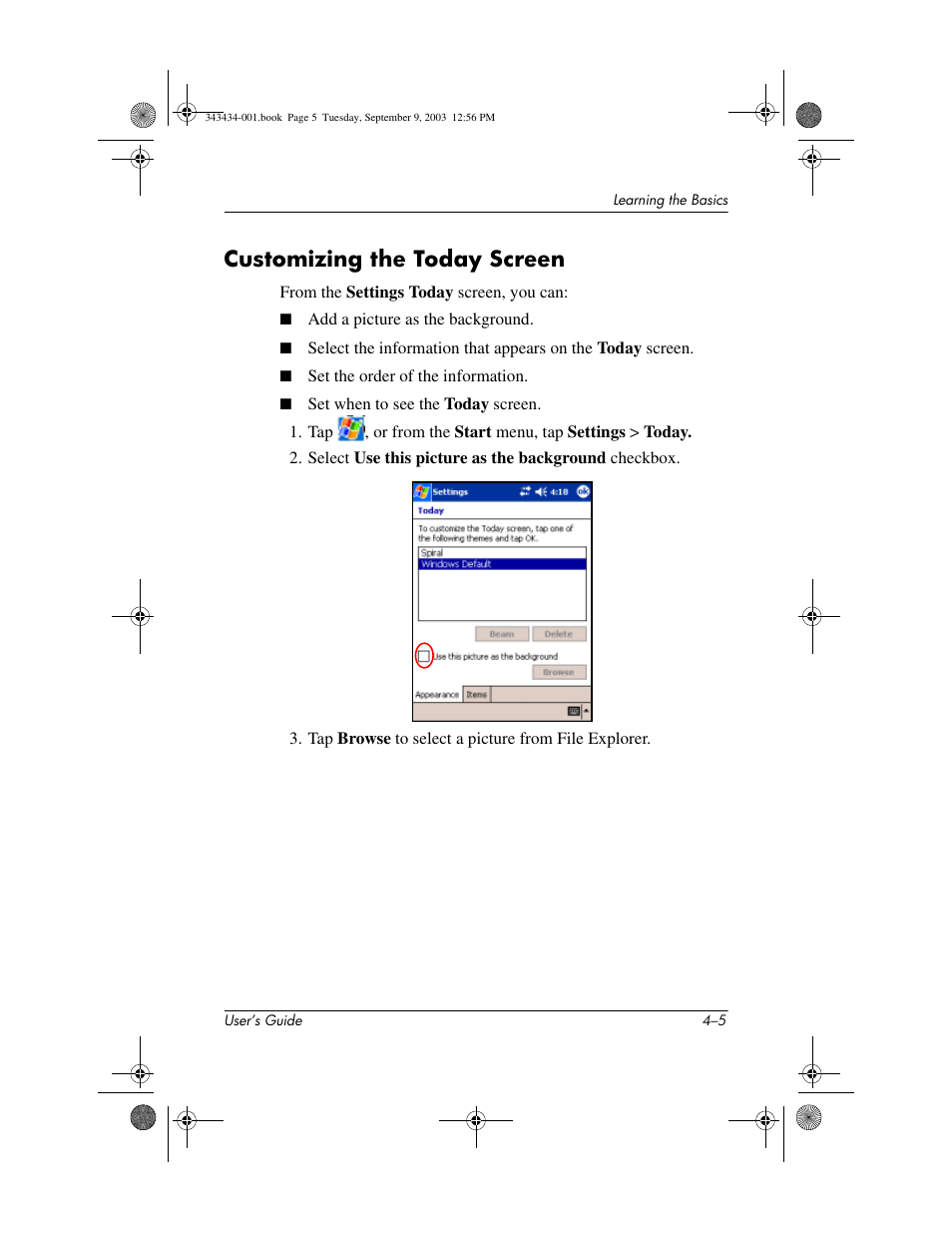 Customizing the today screen, Customizing the today screen –5 | HP h4000 Series User Manual | Page 45 / 143