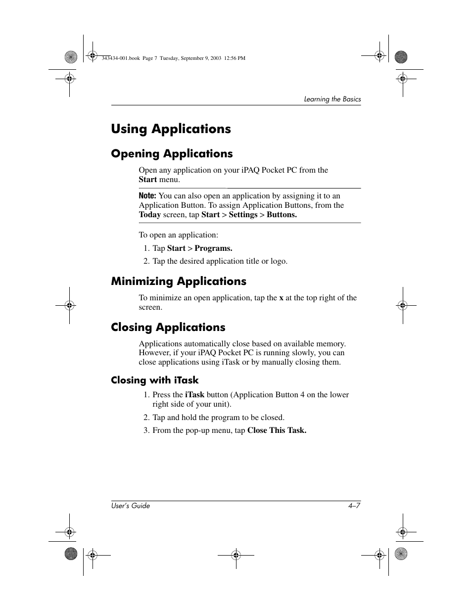 Using applications, Opening applications, Minimizing applications | Closing applications, Closing with itask, Using applications –7 | HP h4000 Series User Manual | Page 47 / 143
