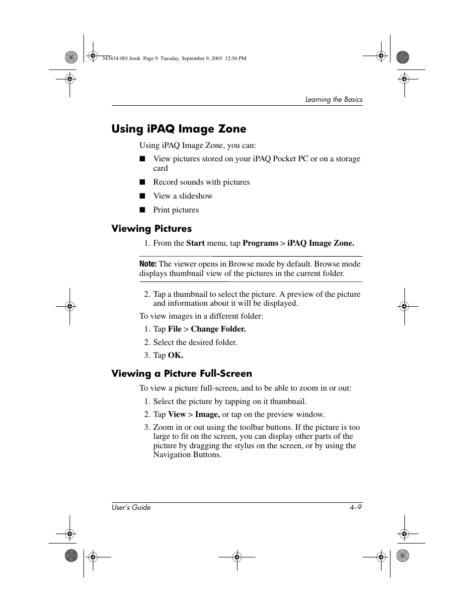 Using ipaq image zone, Viewing pictures, Viewing a picture full-screen | Using ipaq image zone –9 | HP h4000 Series User Manual | Page 49 / 143