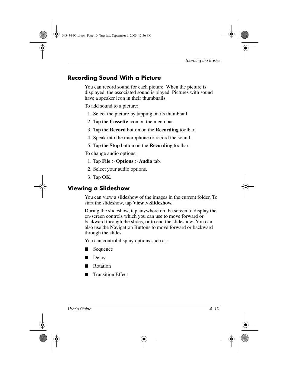 Recording sound with a picture, Viewing a slideshow | HP h4000 Series User Manual | Page 50 / 143