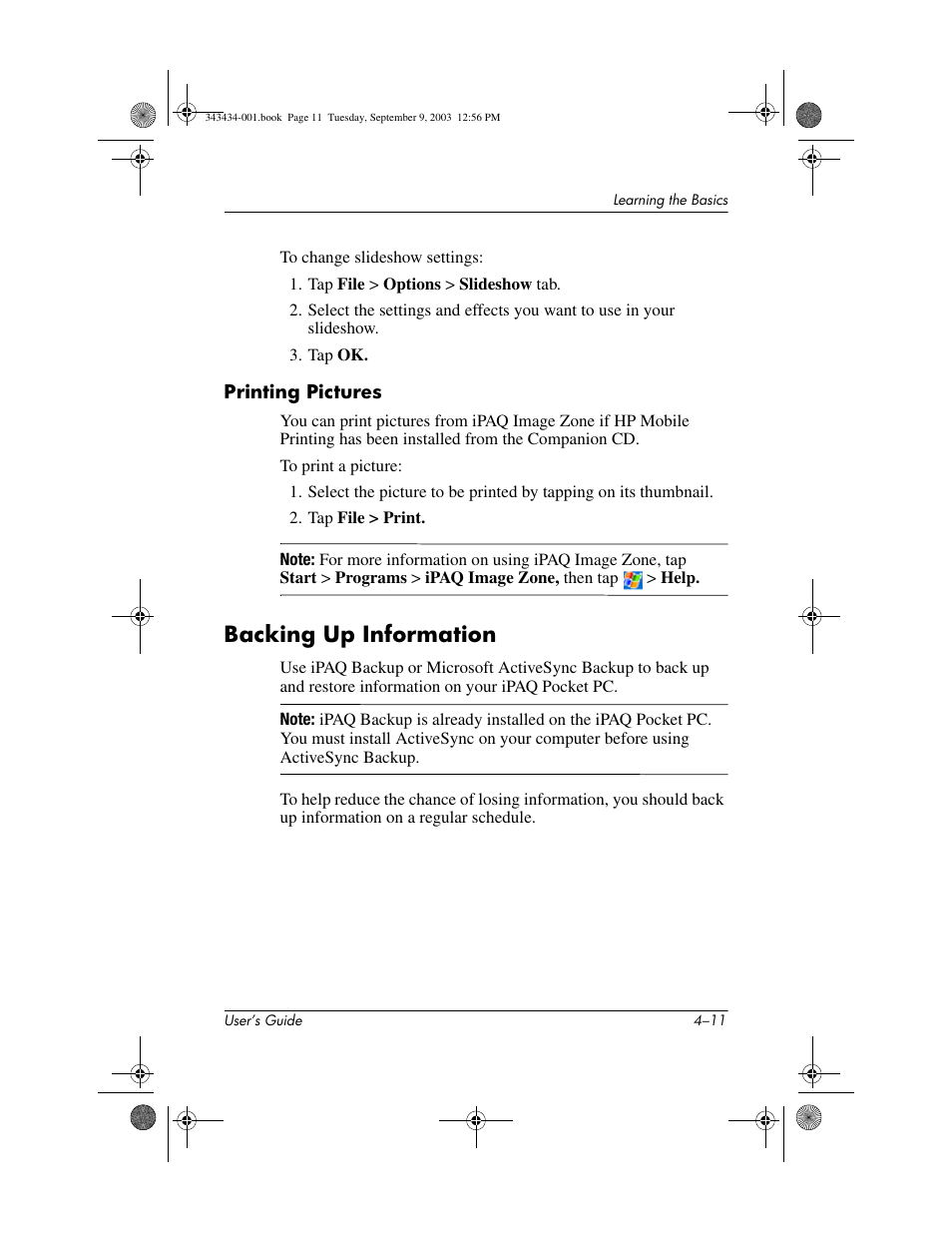 Printing pictures, Backing up information, Backing up information –11 | HP h4000 Series User Manual | Page 51 / 143