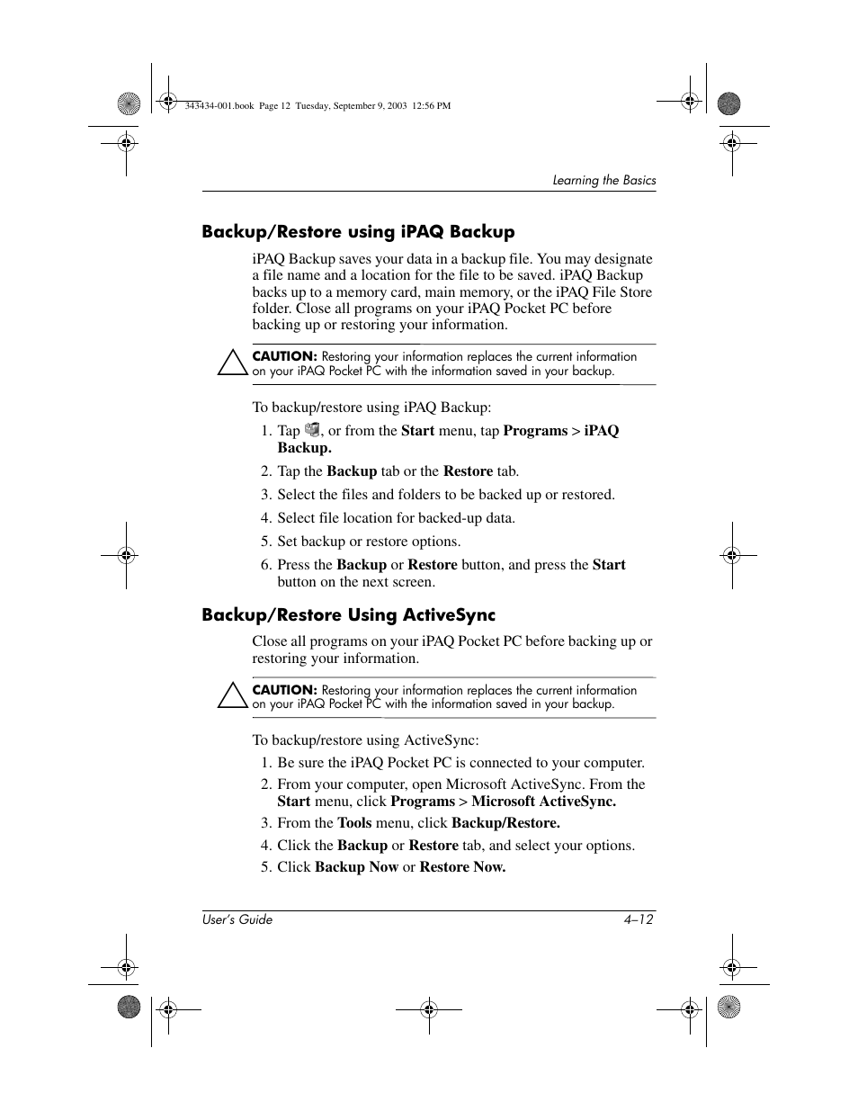 Backup/restore using ipaq backup, Backup/restore using activesync | HP h4000 Series User Manual | Page 52 / 143